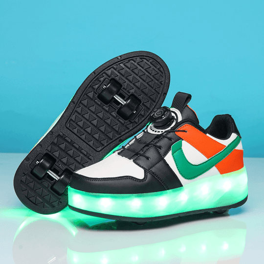 Sole and side view of black and green heel wheels shoes with LED lights, roller shoes with detachable wheels for kids and adults