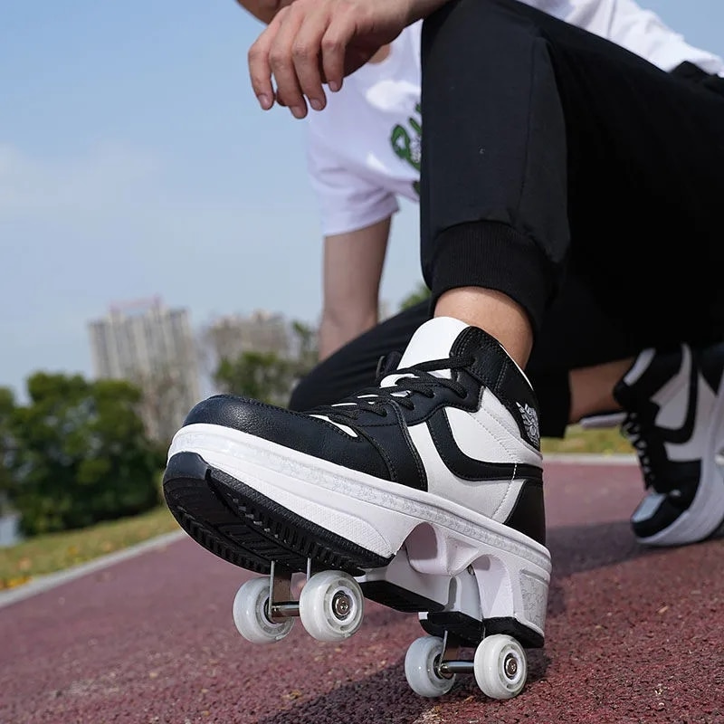 man wearing black and white nike inspired Kick Speed roller skate shoes mid-top style, crouched on outdoor running track