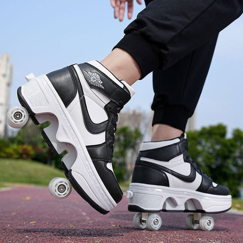 black and white 4 wheel roller skate shoes with retractable wheels in motion, sporty shoes with pop out wheels for active kids and adults