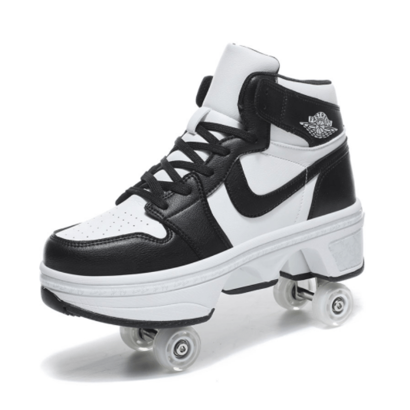 side view of black and white nike inspired roller shoes with retractable wheels