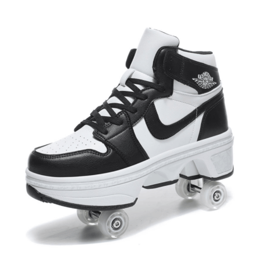 side view of black and white nike inspired roller shoes with retractable wheels