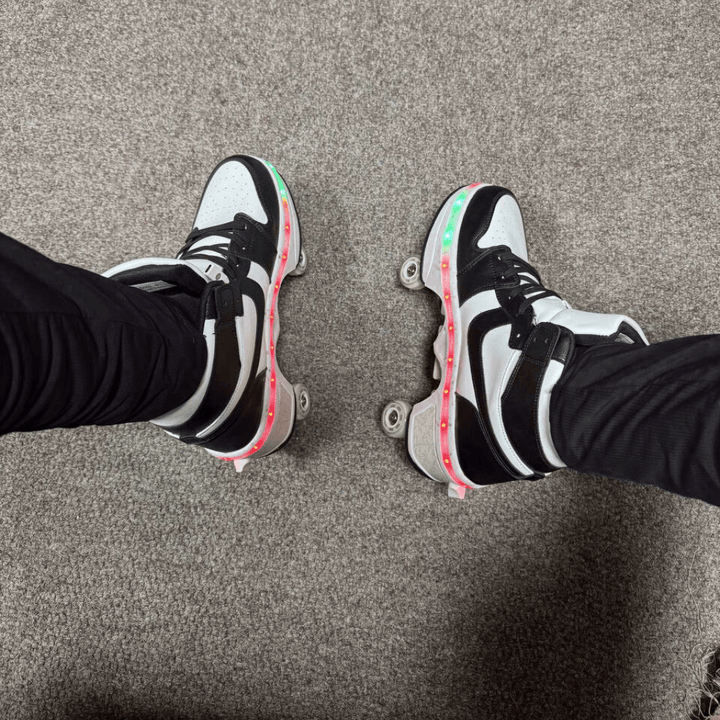 Kick Speed black and white roller skate shoes with LED lighting worn by customer