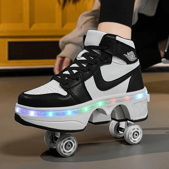 black and white roller skate shoes with light-up LED soles, stylish mid-top shoes with wheels shown on smooth floor background