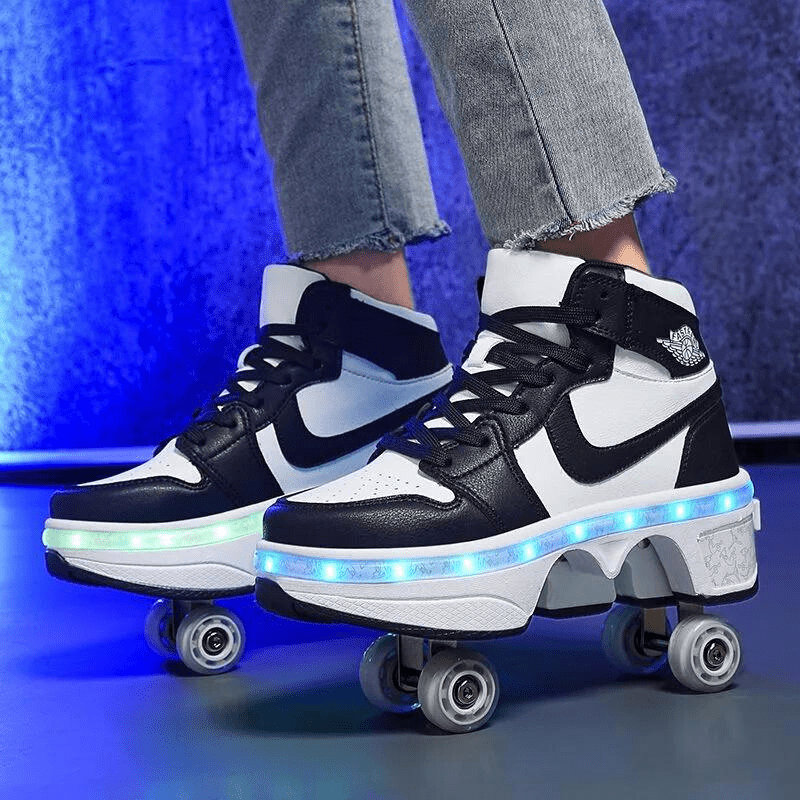black and white LED roller skate shoes for men, glowing sole reflection creating stylish modern look