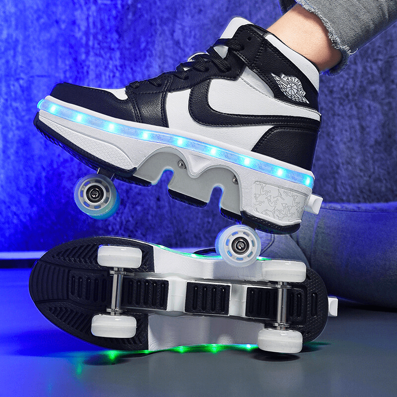 black LED roller shoes in use, showing wheels and bright light strip reflection under blue backdrop