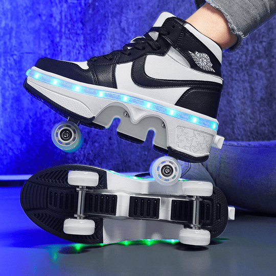 black LED roller shoes in use, showing wheels and bright light strip reflection under blue backdrop