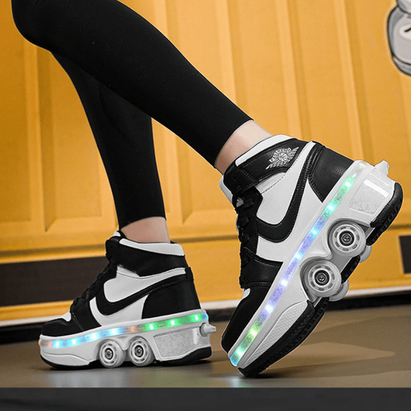 man walking in black LED shoes with wheels for kids and adults, mid-top design showing glowing sole and pop-out wheel mechanism