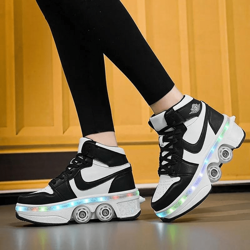 black and white roller skate shoes for men with LED lights, glowing sole reflection and pop-out wheels for smooth skating indoors