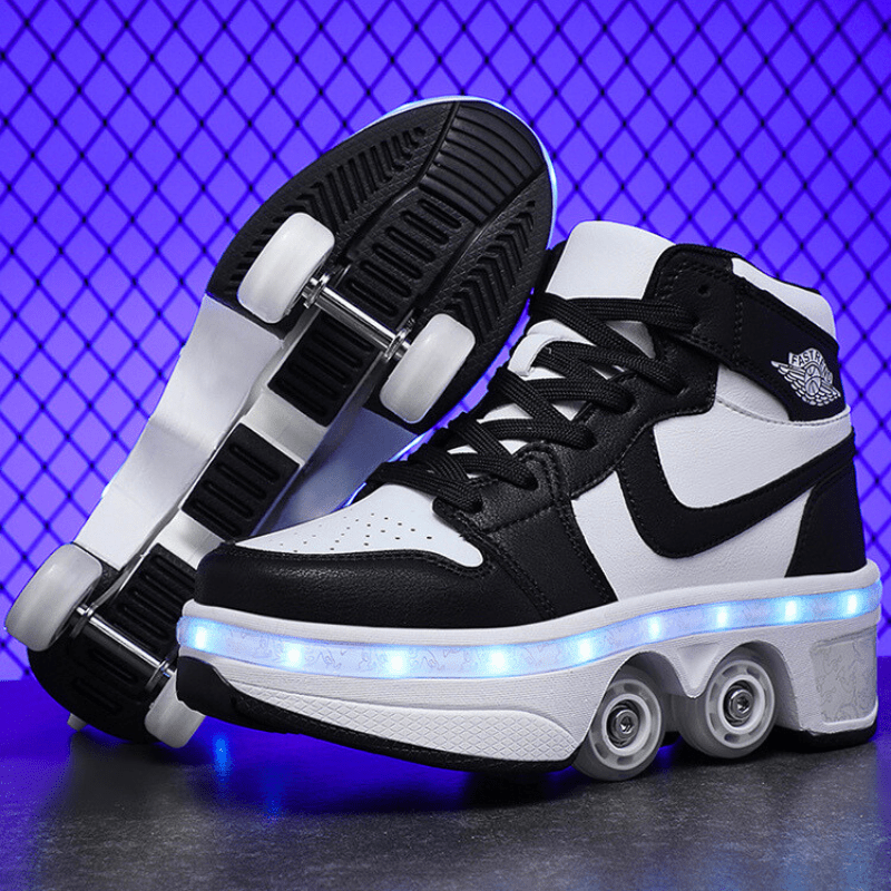 side view of black  Kick Speed roller skate shoes with LED lights, 4 wheel shoes with retractable pop-out wheels under glowing blue light