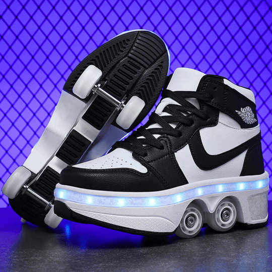 side view of black  Kick Speed roller skate shoes with LED lights, 4 wheel shoes with retractable pop-out wheels under glowing blue light
