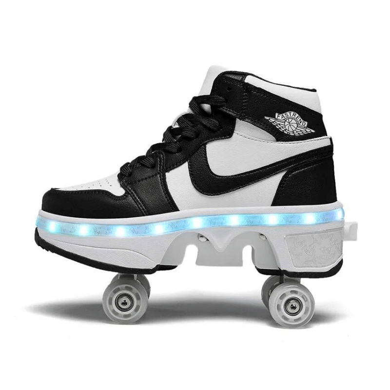 black nike roller shoes with LED light sole side profile, comfortable high-top 4 wheel shoes for skating and walking, studio photo