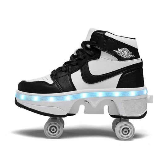 black nike roller shoes with LED light sole side profile, comfortable high-top 4 wheel shoes for skating and walking, studio photo