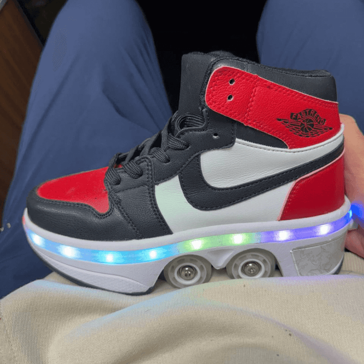 Kick Speed red and black mid-top roller skate shoes with LED lights, customer photo