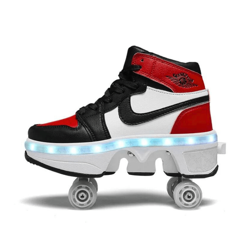 Kick Speed Kick Air MID Roller Skate Shoes red and white with LED lights, side view showing 4 wheel shoes with glowing sole for kids and adults