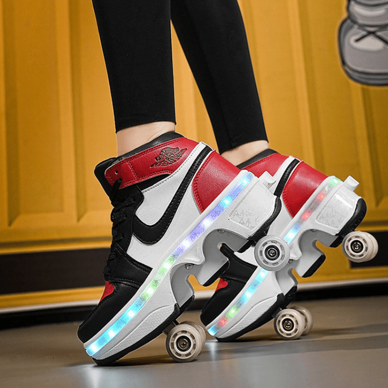 woman wearing red Kick Speed Kick Air MID Roller Skate Shoes with LED lights, close-up side view of shoes with wheels on glossy floor background