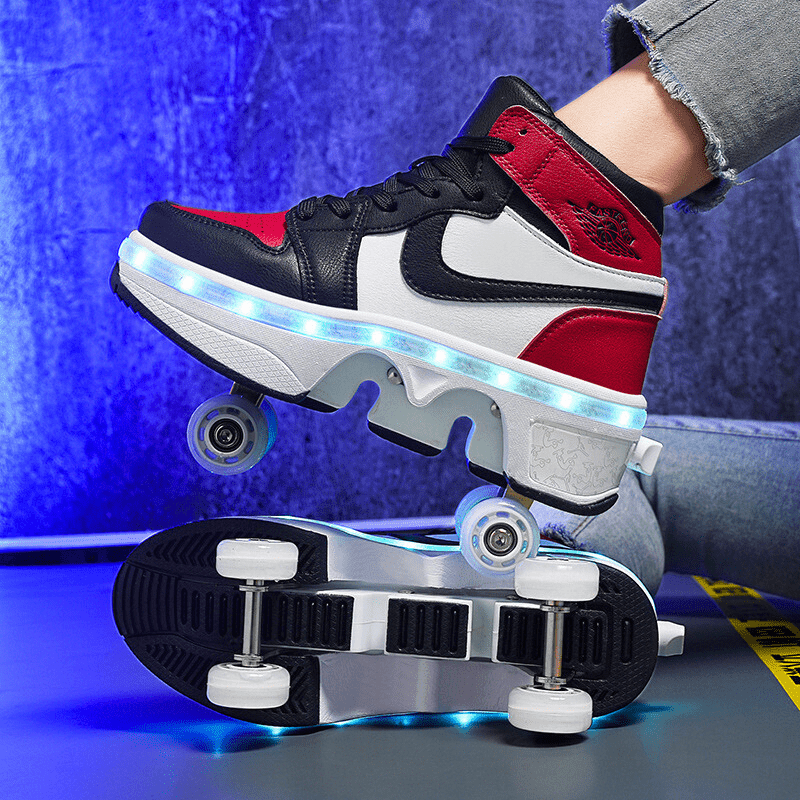 red nike roller shoes with LED lights in use, showing wheels and bright light strip reflection under blue backdrop