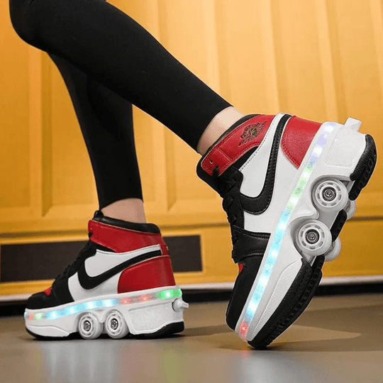 woman walking in red roller skate shoes with LED lights, 4 wheel shoes in action showing illuminated light strip and stylish design