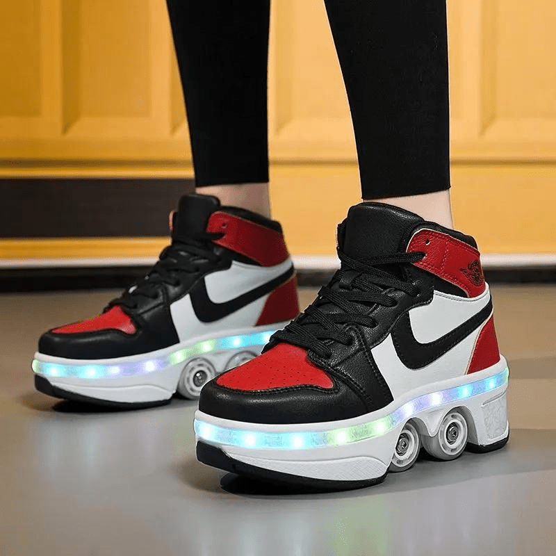 front angle, female standing in red LED roller skate shoes, glowing sole detail and retractable wheel system visible under warm lighting