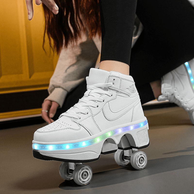 white LED Kick Speed Kick Air MID Roller Skate Shoes for kids being worn by woman indoors, glowing retractable wheels and light-up sole in motion