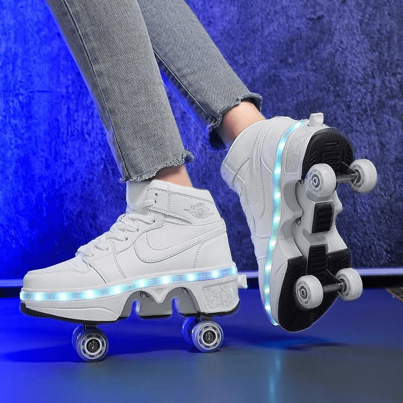 rear angle of white LED roller skate shoes, reflective sole and light-up wheels perfect for kids and adults skating fun