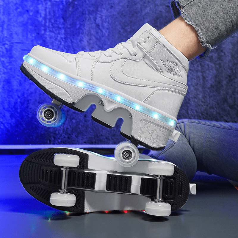 white Kick Speed LED roller skate shoes for adults in motion, glowing wheels reflecting on floor under blue light background