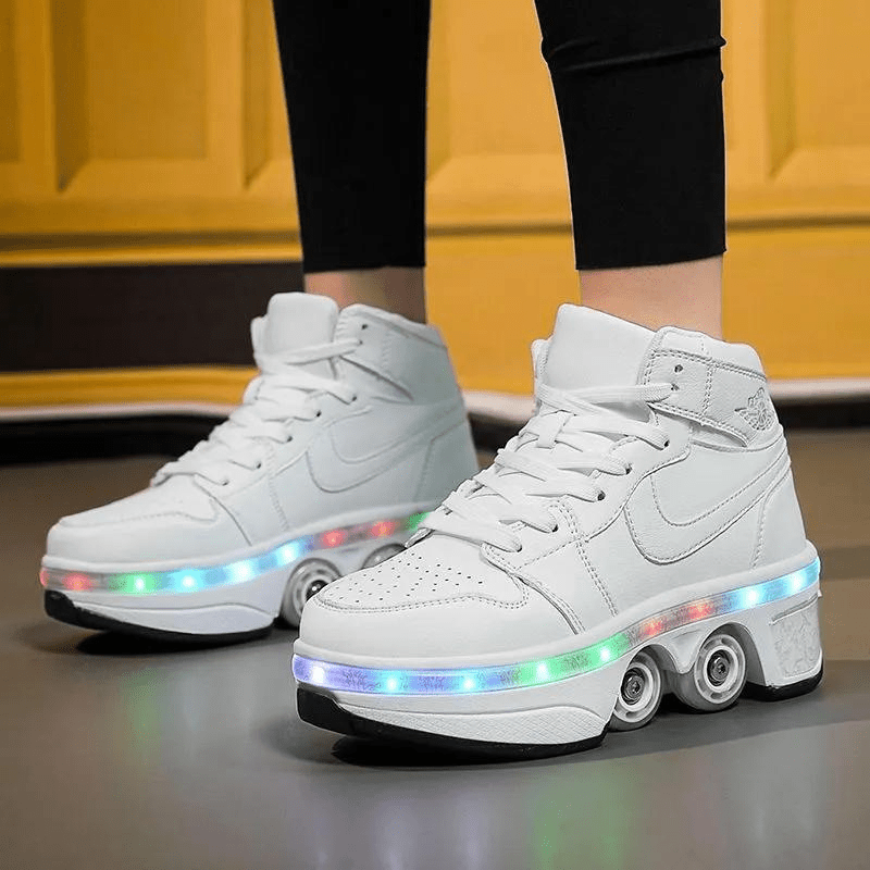 Kick Speed Kick Air MID Roller Skate Shoes white color with glowing LED sole, retractable 4 wheel shoes for kids and adults indoor view
