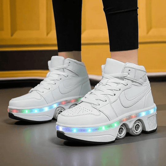 Kick Speed Kick Air MID Roller Skate Shoes white color with glowing LED sole, retractable 4 wheel shoes for kids and adults indoor view