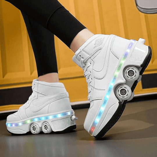 white Kick Speed light-up roller skate shoes worn indoors, showing LED sole glow and retractable wheel system on smooth surface
