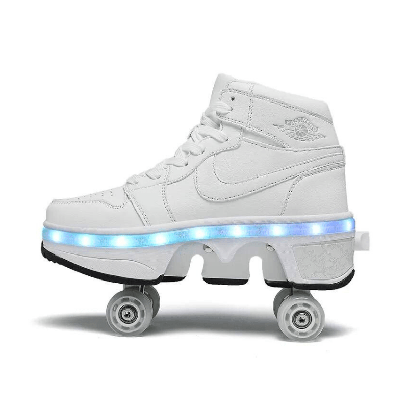 white LED roller shoes side view, 4 wheel retractable roller skate shoes with glowing sole detail