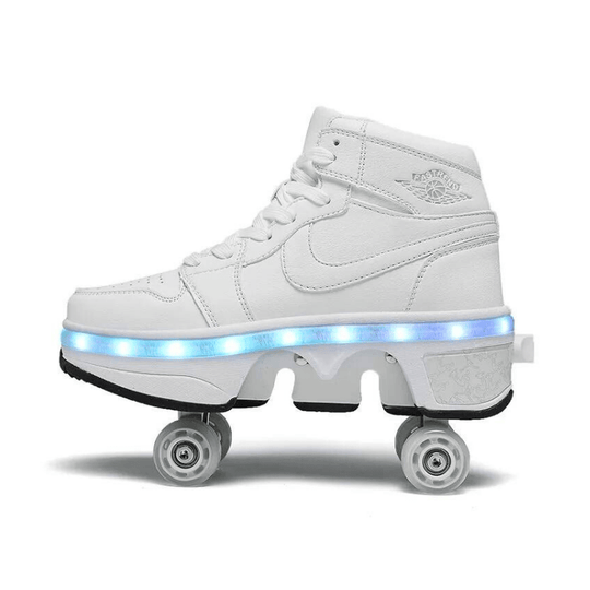 white LED roller shoes side view, 4 wheel retractable roller skate shoes with glowing sole detail