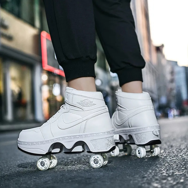 kick Speed white 4 wheel roller shoes with retractable wheels, modern street photo showcasing shoes with wheels on the bottom.