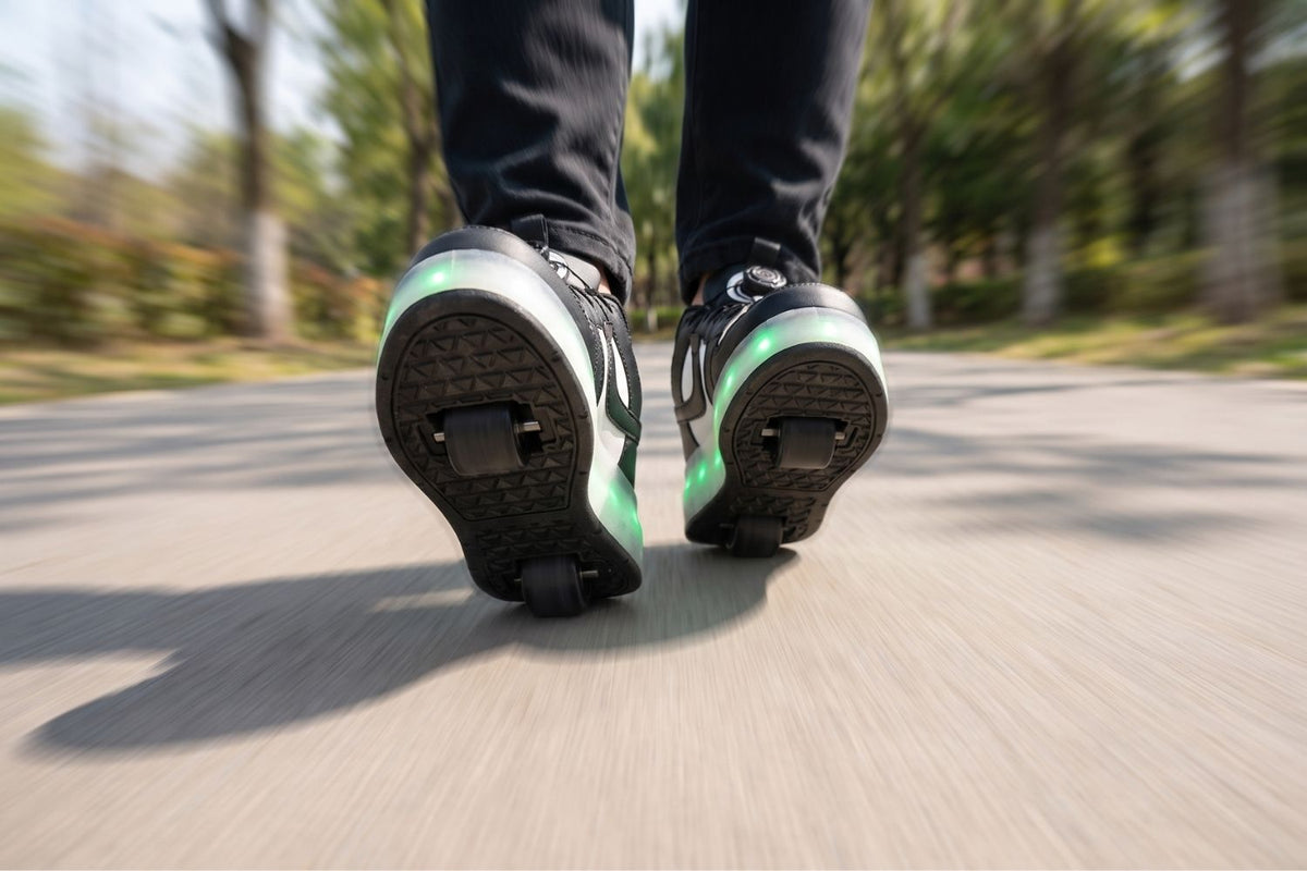 Black and white Kick Speed LED roller shoes in motion outdoors, both soles visible showing the wheel under the heel and the wheel under the front