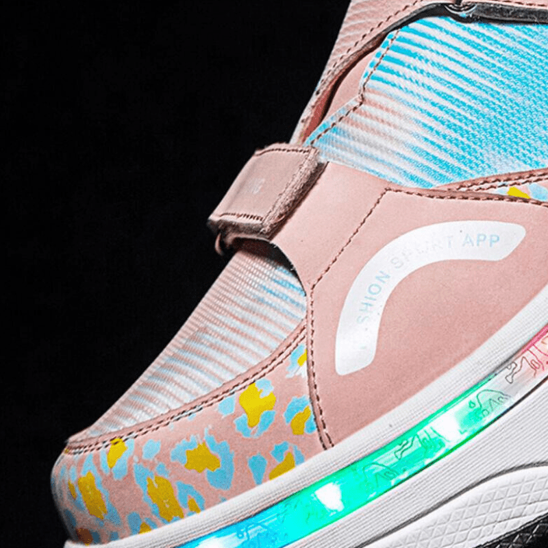 side close-up of pink Kick Speed LED roller shoes highlighting texture and illuminated sole