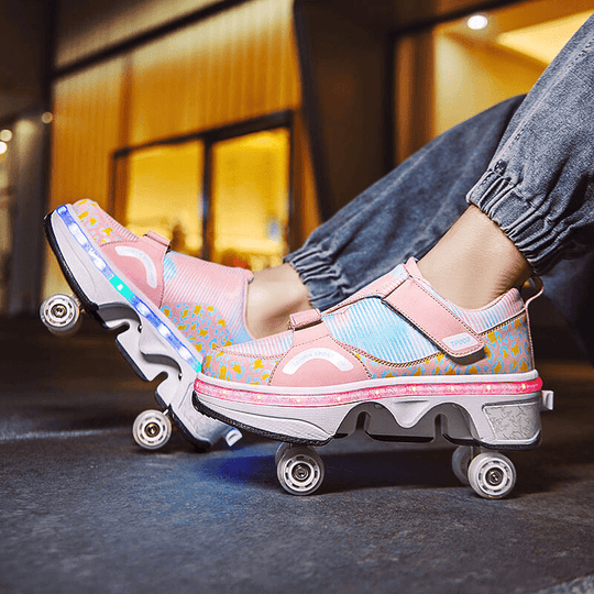 low-angle perspective of red LED Kick Speed roller skate shoes for girls shining during street performance