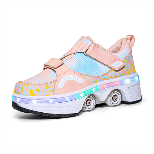 side angled view of pink Kick Speed LED roller shoes  for girls with retractable wheels and colorful light effects