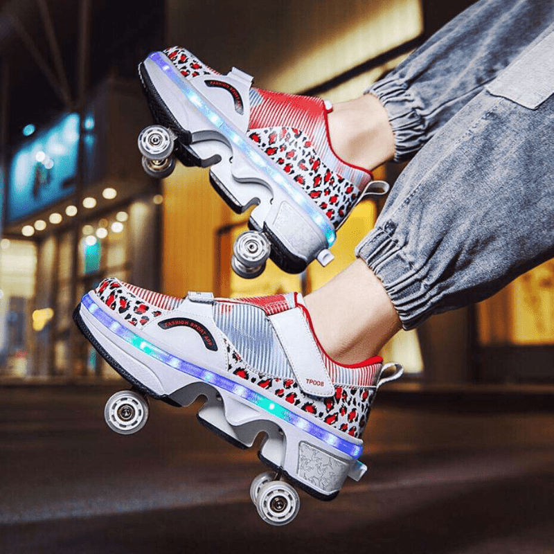 side profile of Kick Speed red LED roller shoes with leopard accents, outdoor lifestyle shot