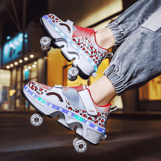 side profile of Kick Speed red LED roller shoes with leopard accents, outdoor lifestyle shot