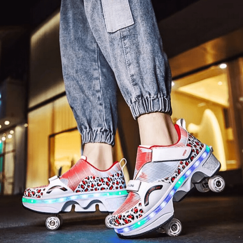 dynamic city image showing leopard pattern LED roller shoes from Kick Speed gliding under lights