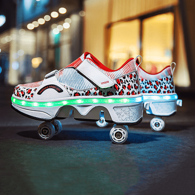side profile of Kick Speed LED roller shoes with LED lights and leopard accents