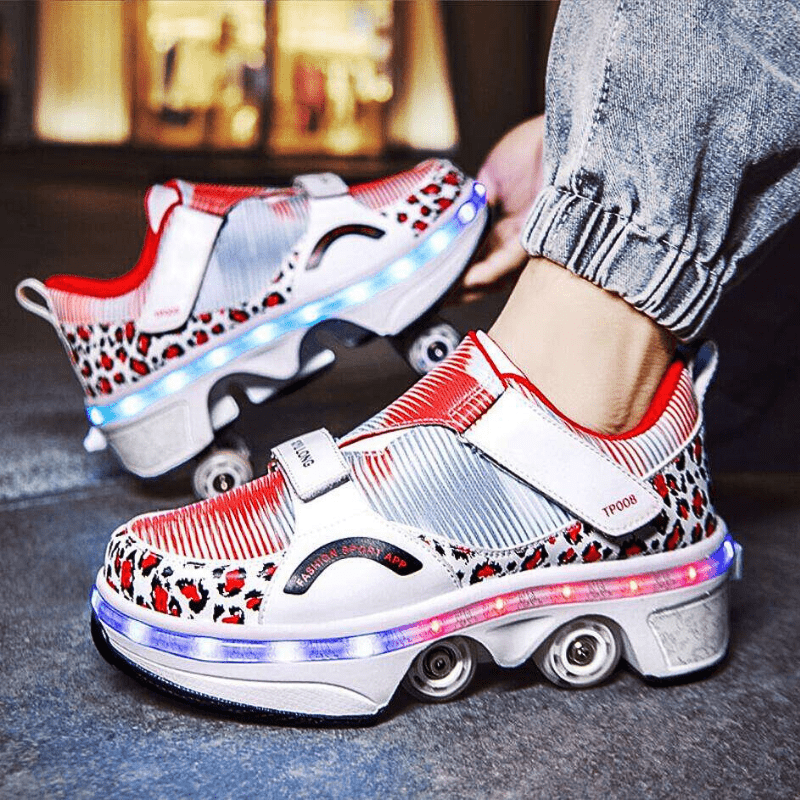 Kick Speed red and white roller skate shoes with LED sole and animal print side design