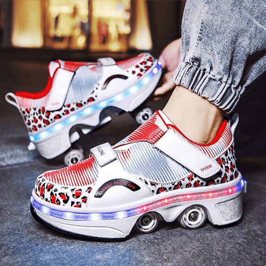 Kick Speed red and white roller skate shoes with LED sole and animal print side design