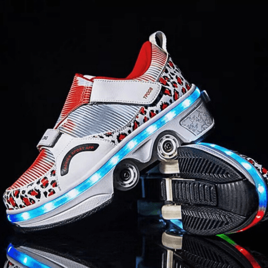 pair of red Kick Speed LED roller skate shoes featuring dual retractable wheels, black background