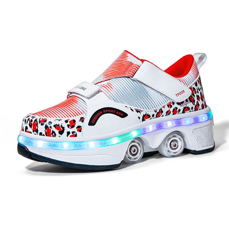 side view of red Kick Speed LED roller shoes for girls and women highlighting retractable wheels and LED light sole
