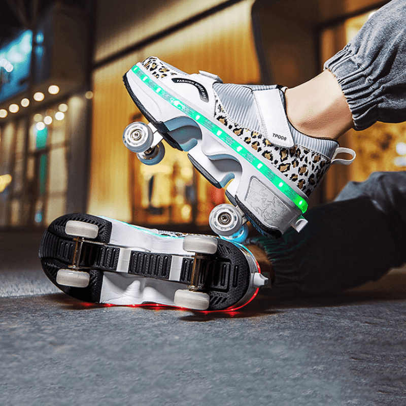 Kick Speed white LED roller shoes with visible glow and retractable wheels, lifestyle outdoor shot