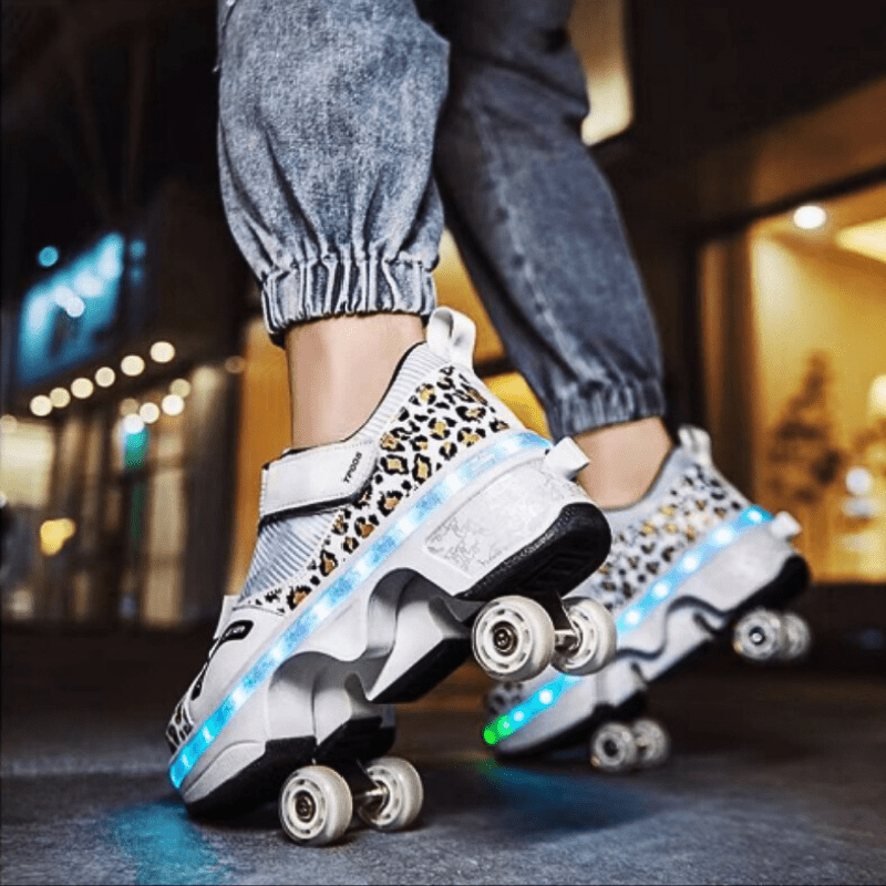 urban close-up showing luminous sole and pop out whees on Kick Speed LED roller shoes