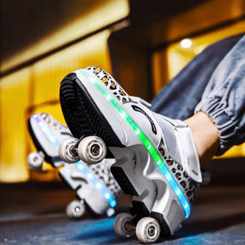 Kick Speed transformation roller shoes in white with green LED wheels glowing during skating in urban area