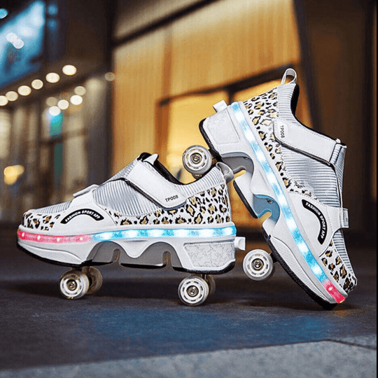 urban photo showing glowing sole and  retractable wheels on Kick Speed LED roller shoes