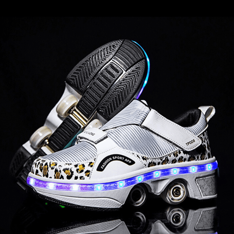 leopard print white Kick Speed roller shoes with LED light on reflective indoor black surface