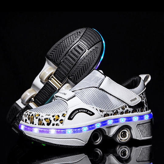 leopard print white Kick Speed roller shoes with LED light on reflective indoor black surface