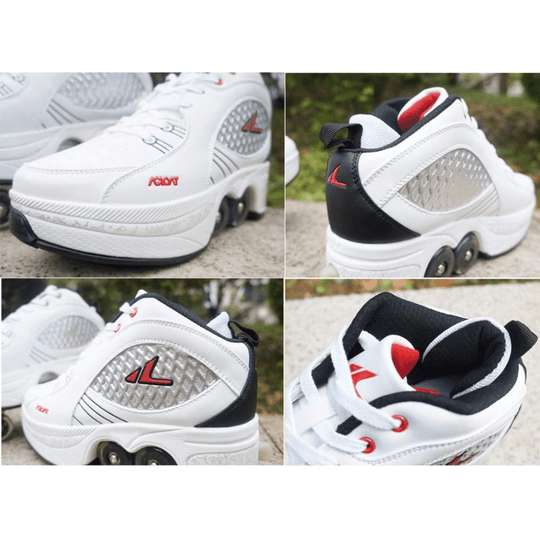 close-up details collage of white Kick Speed Matrix MID roller skate shoes with wheels, premium roller shoes for adults and kids